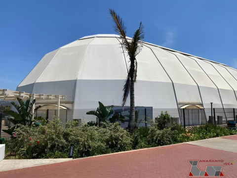 Cupola geodetica bianca installata in un'area con palme