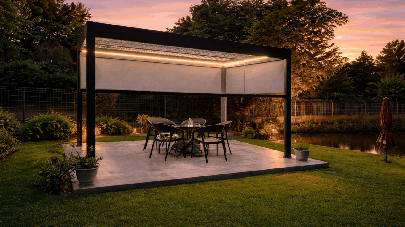 Pergola bioclimatica illuminata al tramonto